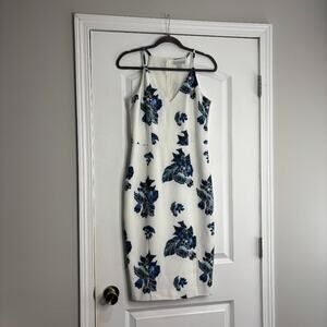 H&M White/Blue Floral Midi Bodycon Dress Size 8
